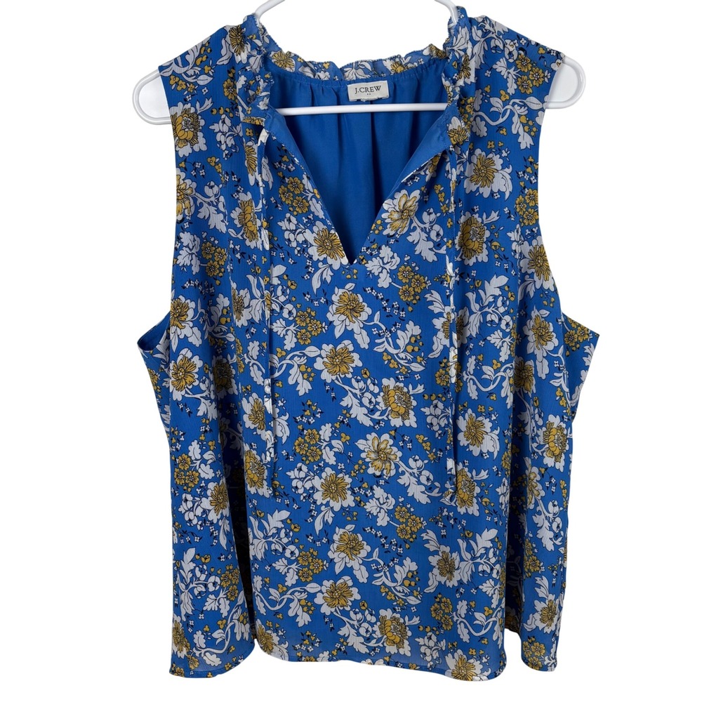 J.Crew Sleeveless Blouse XL Blue Yellow Floral Ruffle‎ Trim Chiffon Lightweight